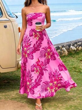 Strapless Navy Blue Tropical Maxi Skirt